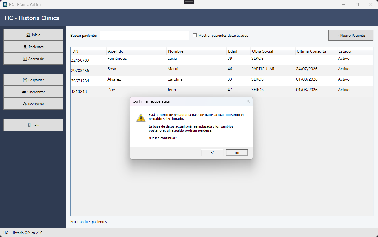 Pantalla de restauración de base de datos de HC